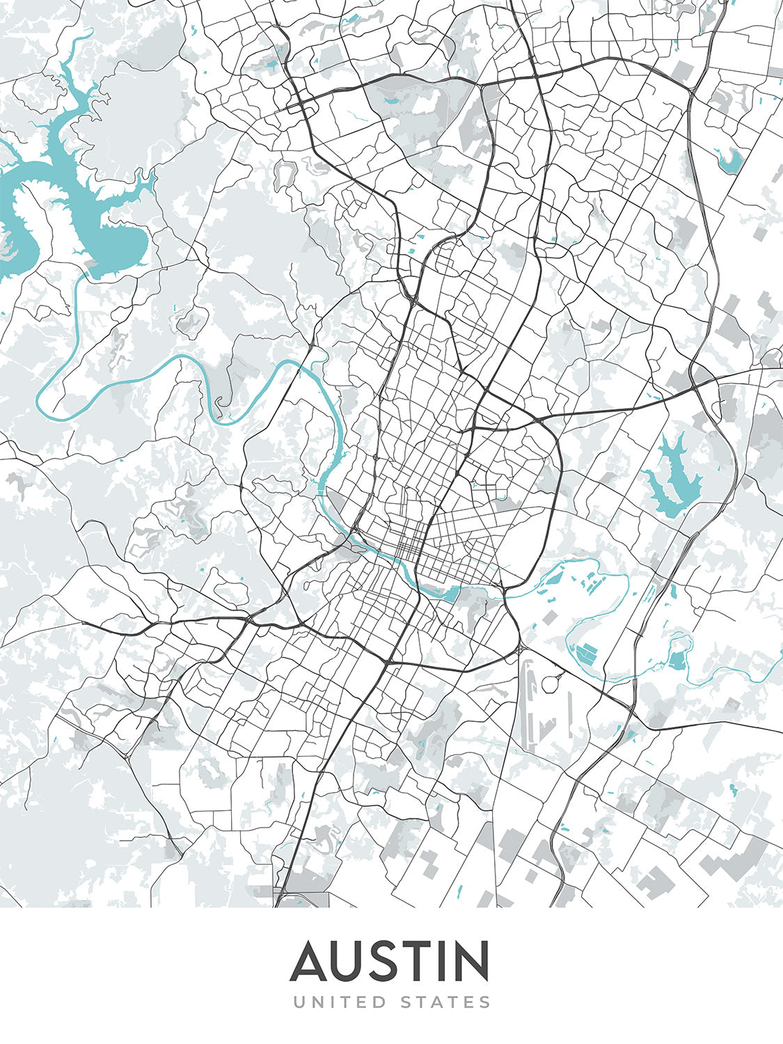 Mapa moderno de la ciudad de Austin, TX: centro, Universidad de Texas, Zilker Park, I-35, US-183