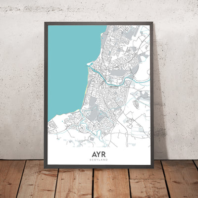 Modern Town Map of Ayr, Scotland: Town Centre, Ayr Beach, River Ayr, A77, Racecourse
