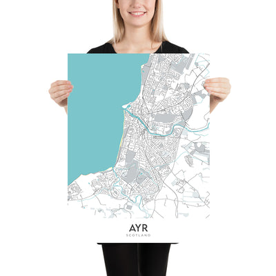 Modern Town Map of Ayr, Scotland: Town Centre, Ayr Beach, River Ayr, A77, Racecourse