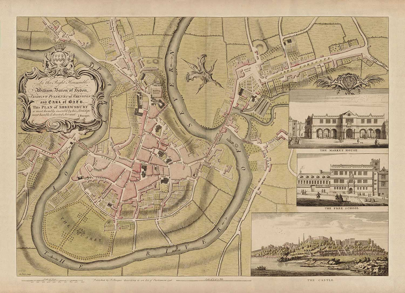 Ancienne carte de Shrewsbury en 1746 par John Rocque - Rivière Severn, Frankwell, Welsh Bridge, Stone Bridge, Bowling Green
