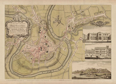 Ancienne carte de Shrewsbury en 1746 par John Rocque - Rivière Severn, Frankwell, Welsh Bridge, Stone Bridge, Bowling Green