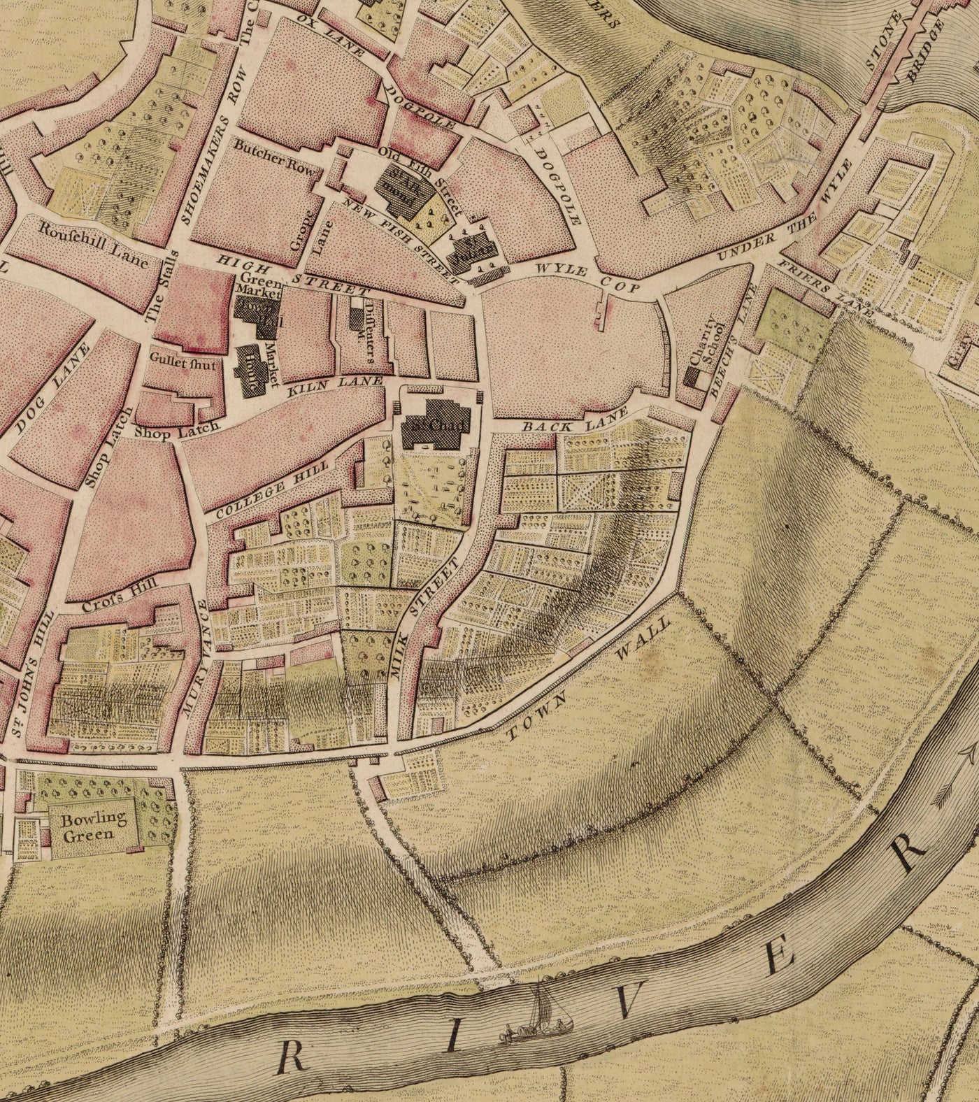 Ancienne carte de Shrewsbury en 1746 par John Rocque - Rivière Severn, Frankwell, Welsh Bridge, Stone Bridge, Bowling Green
