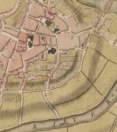 Ancienne carte de Shrewsbury en 1746 par John Rocque - Rivière Severn, Frankwell, Welsh Bridge, Stone Bridge, Bowling Green