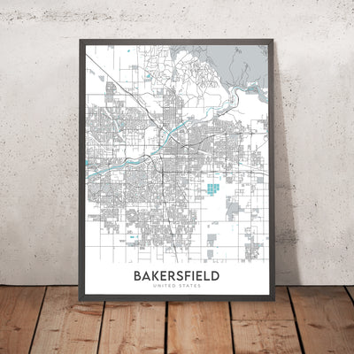 Plan de la ville moderne de Bakersfield, Californie : centre-ville, musée Kern Co., Fox Theatre, CA-99, CA-58
