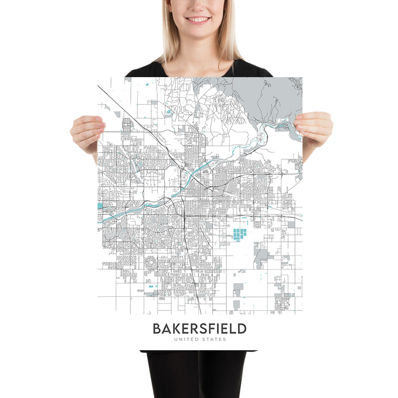 Plan de la ville moderne de Bakersfield, Californie : centre-ville, musée Kern Co., Fox Theatre, CA-99, CA-58