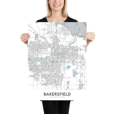Plan de la ville moderne de Bakersfield, Californie : centre-ville, musée Kern Co., Fox Theatre, CA-99, CA-58