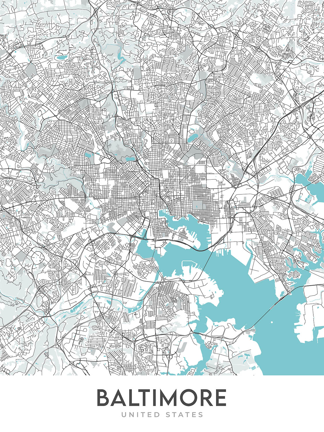Plan de la ville moderne de Baltimore, MD : Inner Harbor, Oriole Park, U. du Maryland
