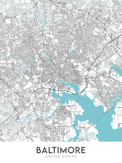 Plan de la ville moderne de Baltimore, MD : Inner Harbor, Oriole Park, U. du Maryland
