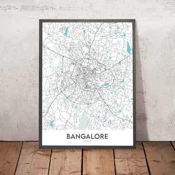 Carte moderne de la ville de Bangalore : Bangalaru, M.G. Road, Lalbagh, Cubbon Park, Whitefield 