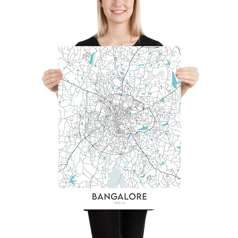 Mappa della città moderna di Bangalore: Bangalaru, M.G. Road, Lalbagh, Cubbon Park, Whitefield 