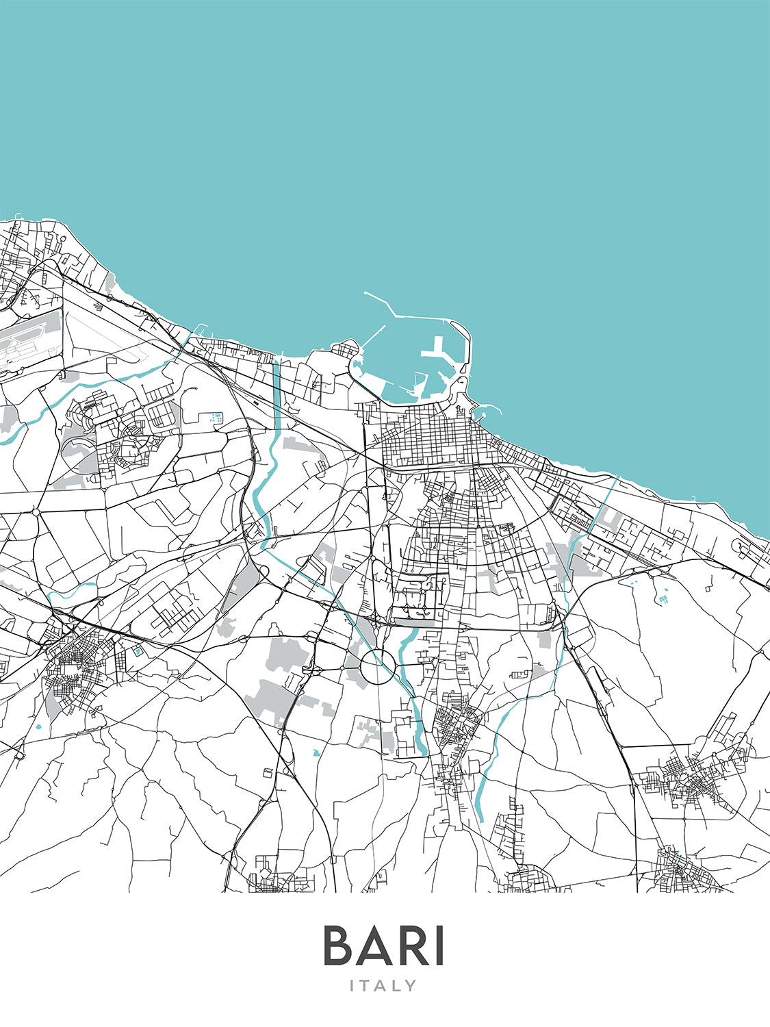 Plan de la ville moderne de Bari, Italie : Bari Vecchia, Basilique de San Nicola, Château Normanno-Svevo, Piazza Mercantile, Strada Statale 16