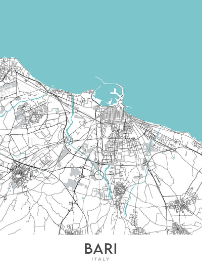 Plan de la ville moderne de Bari, Italie : Bari Vecchia, Basilique de San Nicola, Château Normanno-Svevo, Piazza Mercantile, Strada Statale 16