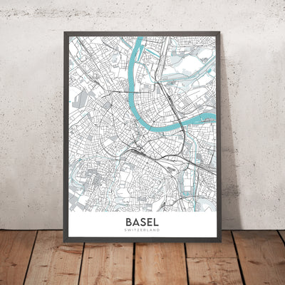 Mapa moderno de la ciudad de Basilea, Suiza: Altstadt, Catedral de Basilea, Zoológico, Universidad, Río Rin