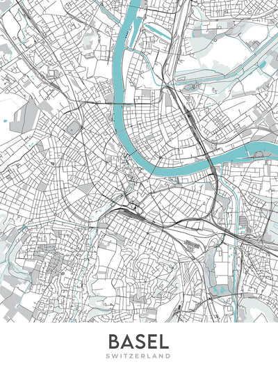 Mapa moderno de la ciudad de Basilea, Suiza: Altstadt, Catedral de Basilea, Zoológico, Universidad, Río Rin