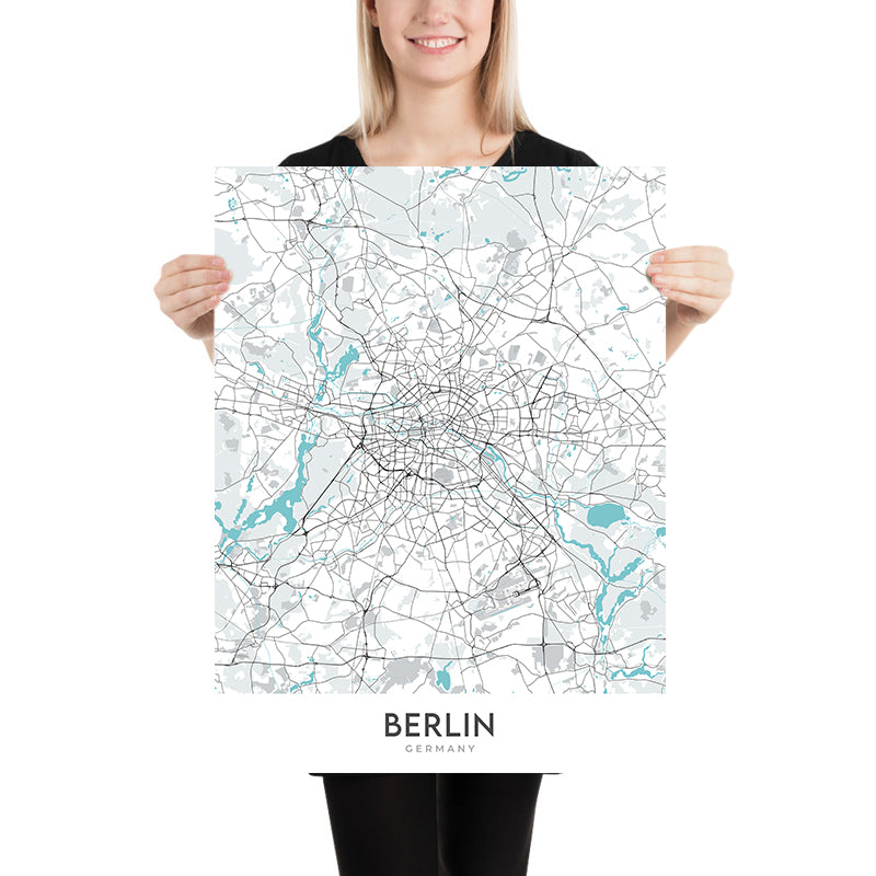 Modern City Map of Berlin, Germany: Brandenburg Gate, Reichstag, Museum Island, Charlottenburg, Tiergarten