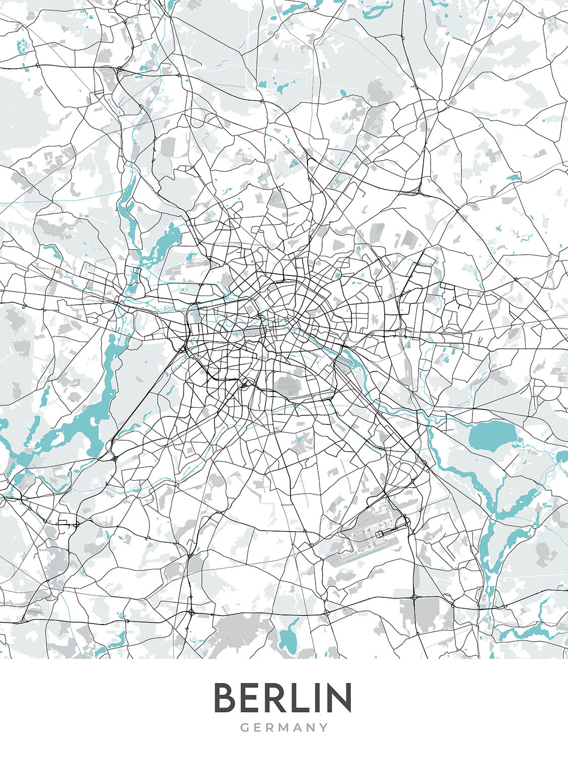 Modern City Map of Berlin, Germany: Brandenburg Gate, Reichstag, Museum Island, Charlottenburg, Tiergarten
