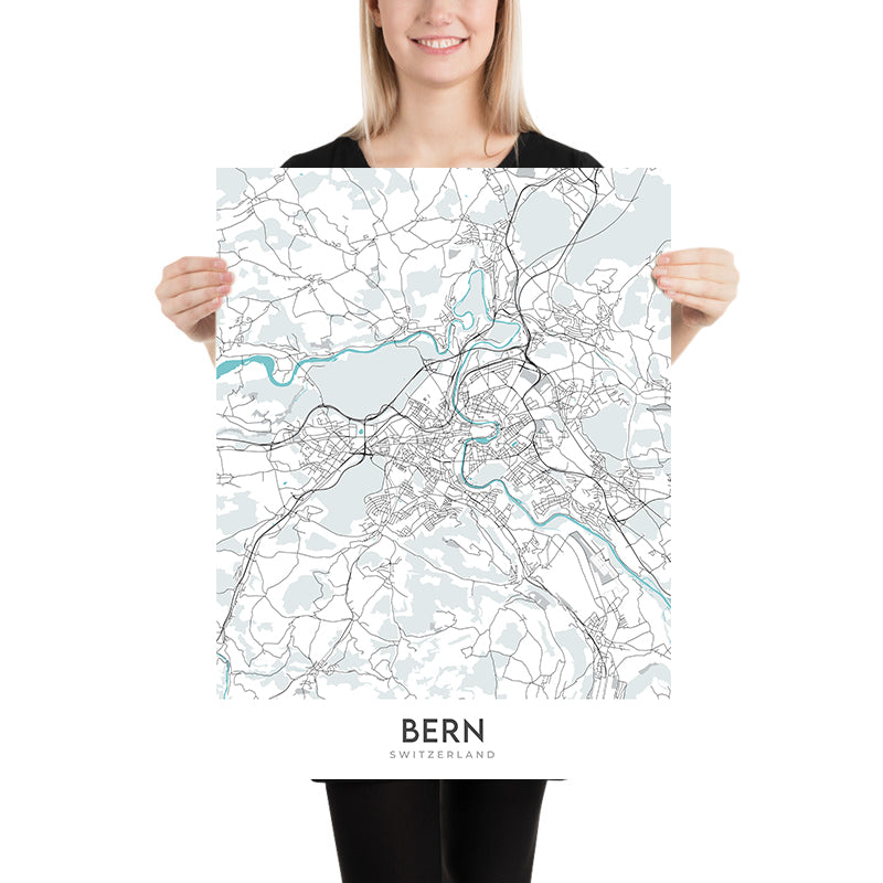 Modern City Map of Bern, Switzerland: Bundeshaus, Clock Tower, Aare River, Breitenrain-Lorraine, Länggasse-Felsenau