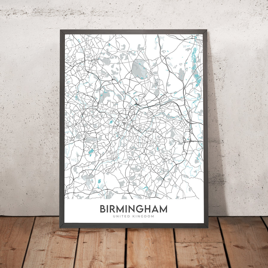 Mapa moderno de la ciudad de Birmingham, Reino Unido: Bournville, Moseley, Harborne, Sutton Coldfield, Centro de la ciudad 