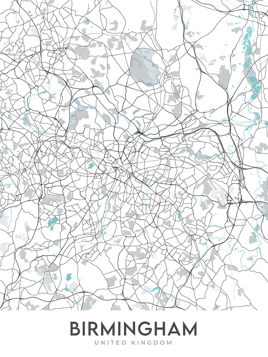 Mapa moderno de la ciudad de Birmingham, Reino Unido: Bournville, Moseley, Harborne, Sutton Coldfield, Centro de la ciudad 