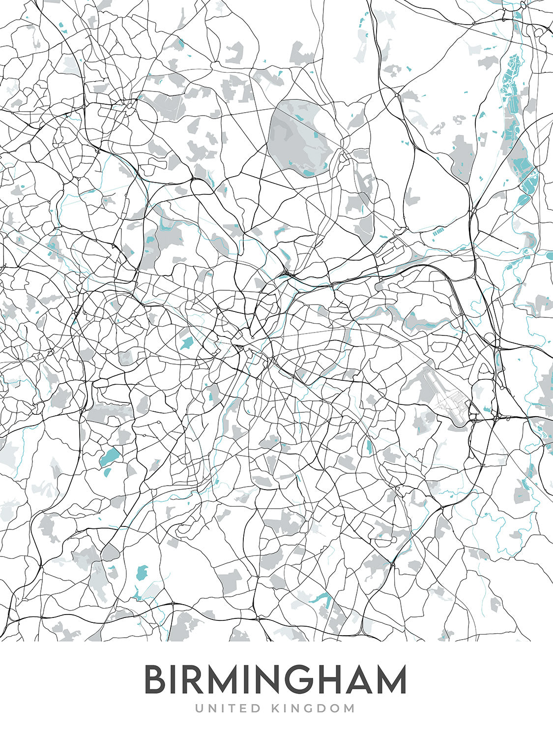 Modern City Map of Birmingham, UK: Bournville, Moseley, Harborne, Sutton Coldfield, City Centre