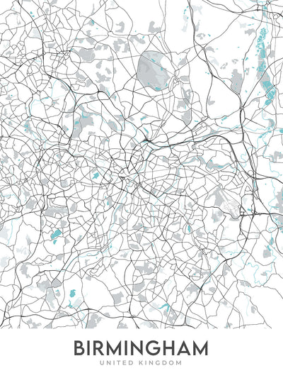 Modern City Map of Birmingham, UK: Bournville, Moseley, Harborne, Sutton Coldfield, City Centre