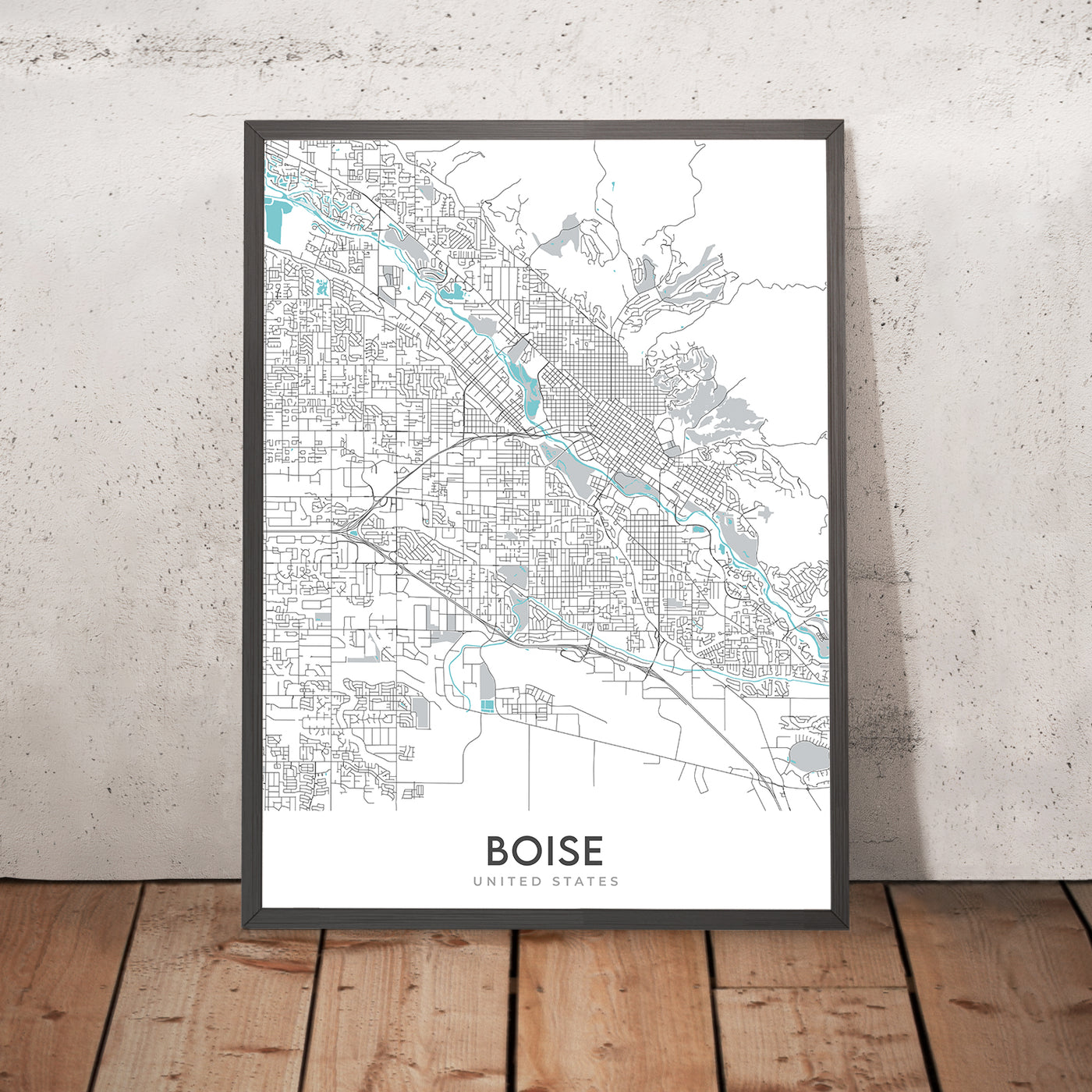 Mapa moderno de la ciudad de Boise, ID: Centro, Universidad Estatal de Boise, Capitolio del Estado de Idaho, Hyde Park, Río Boise