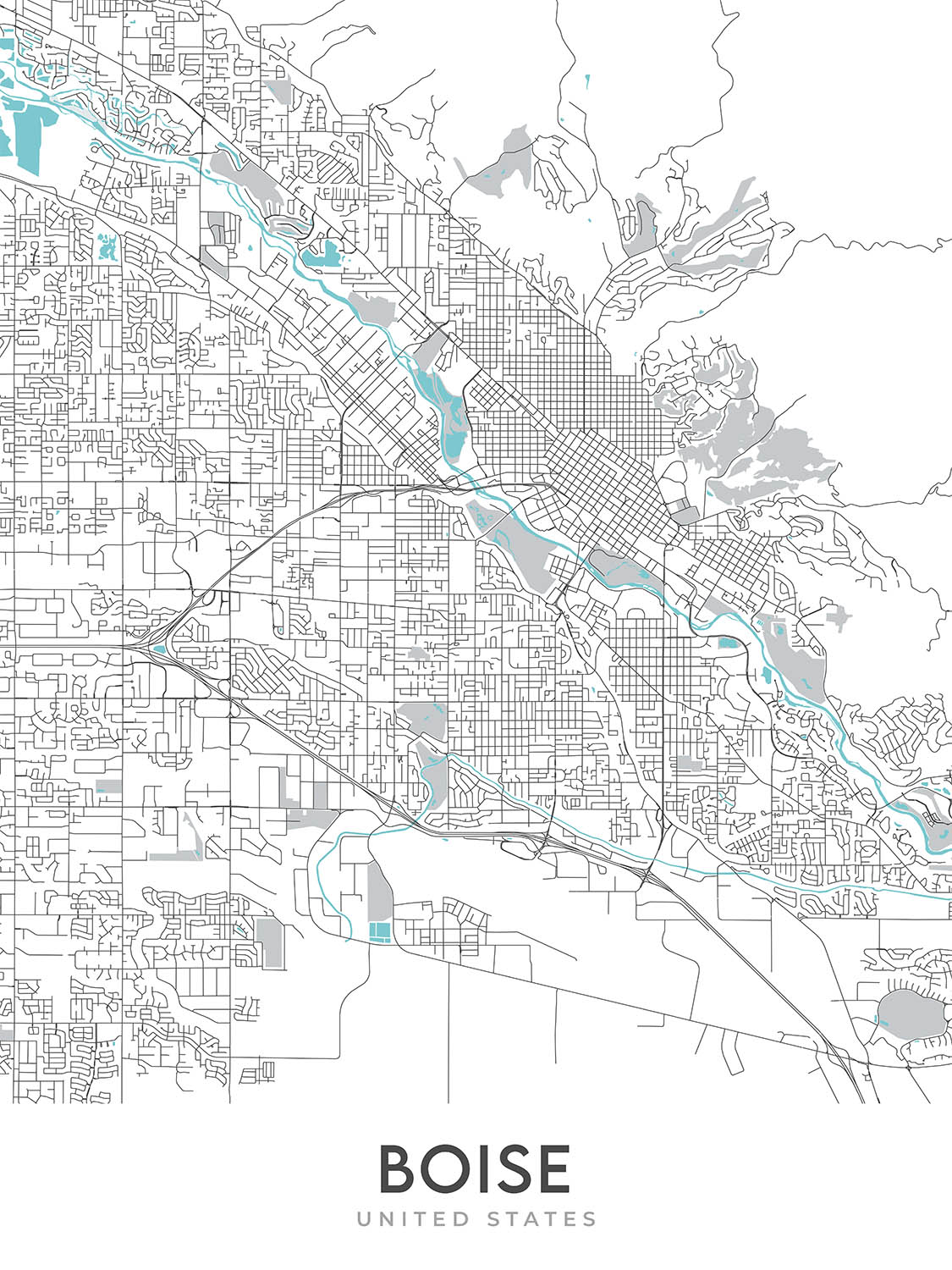 Mapa moderno de la ciudad de Boise, ID: Centro, Universidad Estatal de Boise, Capitolio del Estado de Idaho, Hyde Park, Río Boise
