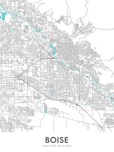 Mapa moderno de la ciudad de Boise, ID: Centro, Universidad Estatal de Boise, Capitolio del Estado de Idaho, Hyde Park, Río Boise