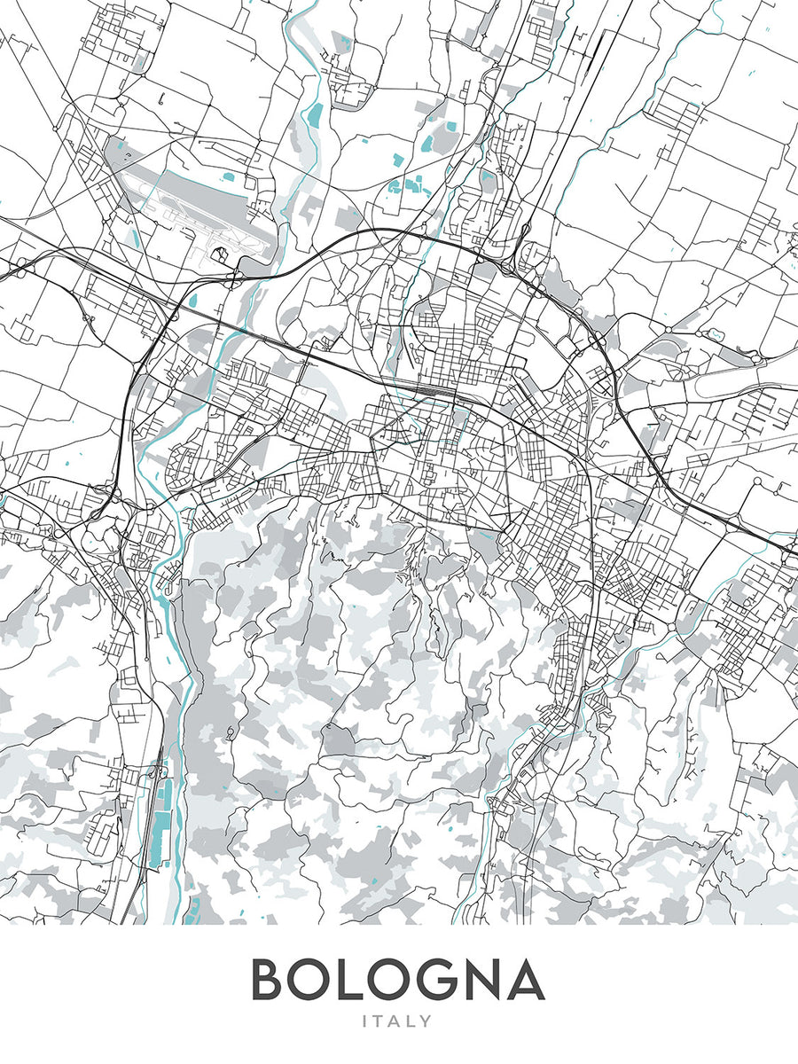 Mapa moderno de la ciudad de Bolonia, Italia: Piazza Maggiore, Basílica de San Petronio, Torre degli Asinelli, distrito universitario, zona industrial