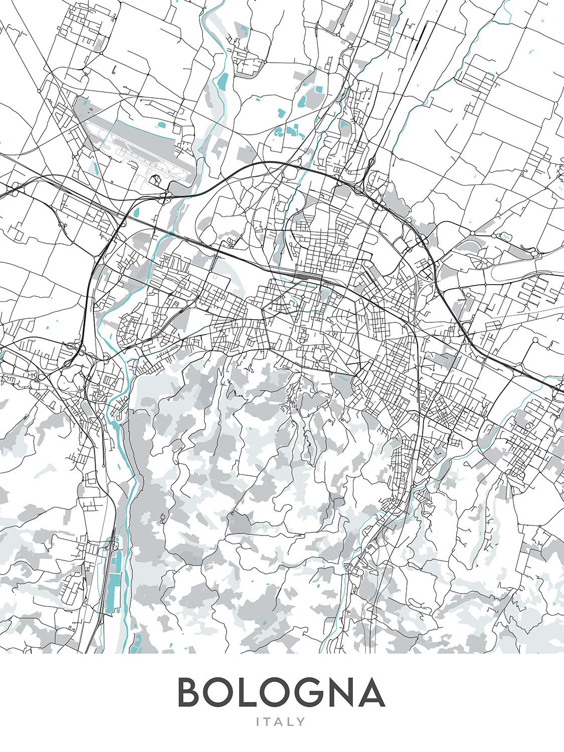 Modern City Map of Bologna, Italy: Piazza Maggiore, Basilica di San Petronio, Torre degli Asinelli, University District, Industrial Zone