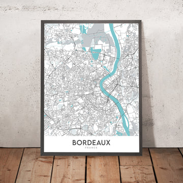 Mappa della città moderna di Bordeaux, Francia: Saint-Pierre, Cattedrale di Saint-André, Grand Théâtre, Jardin Public, Ponte di Pietra 