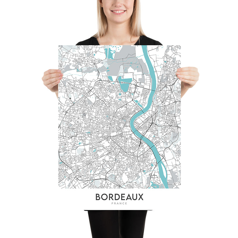 Mapa moderno de la ciudad de Burdeos, Francia: Saint-Pierre, Cathédrale Saint-André, Grand Théâtre, Jardin Public, Pont de Pierre