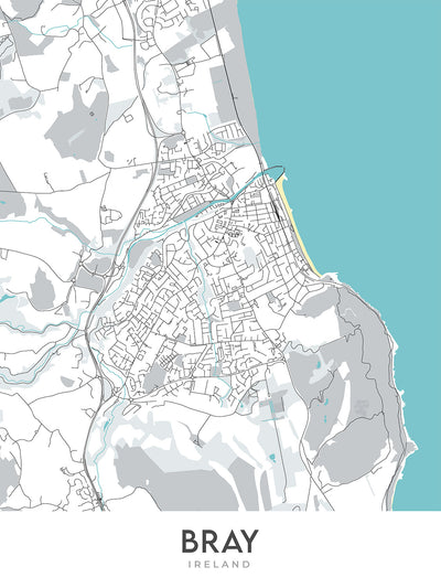 Modern Town Map of Bray, Ireland: Bray Head, Bray Harbour, Bray Head Nature Reserve, N11, R117