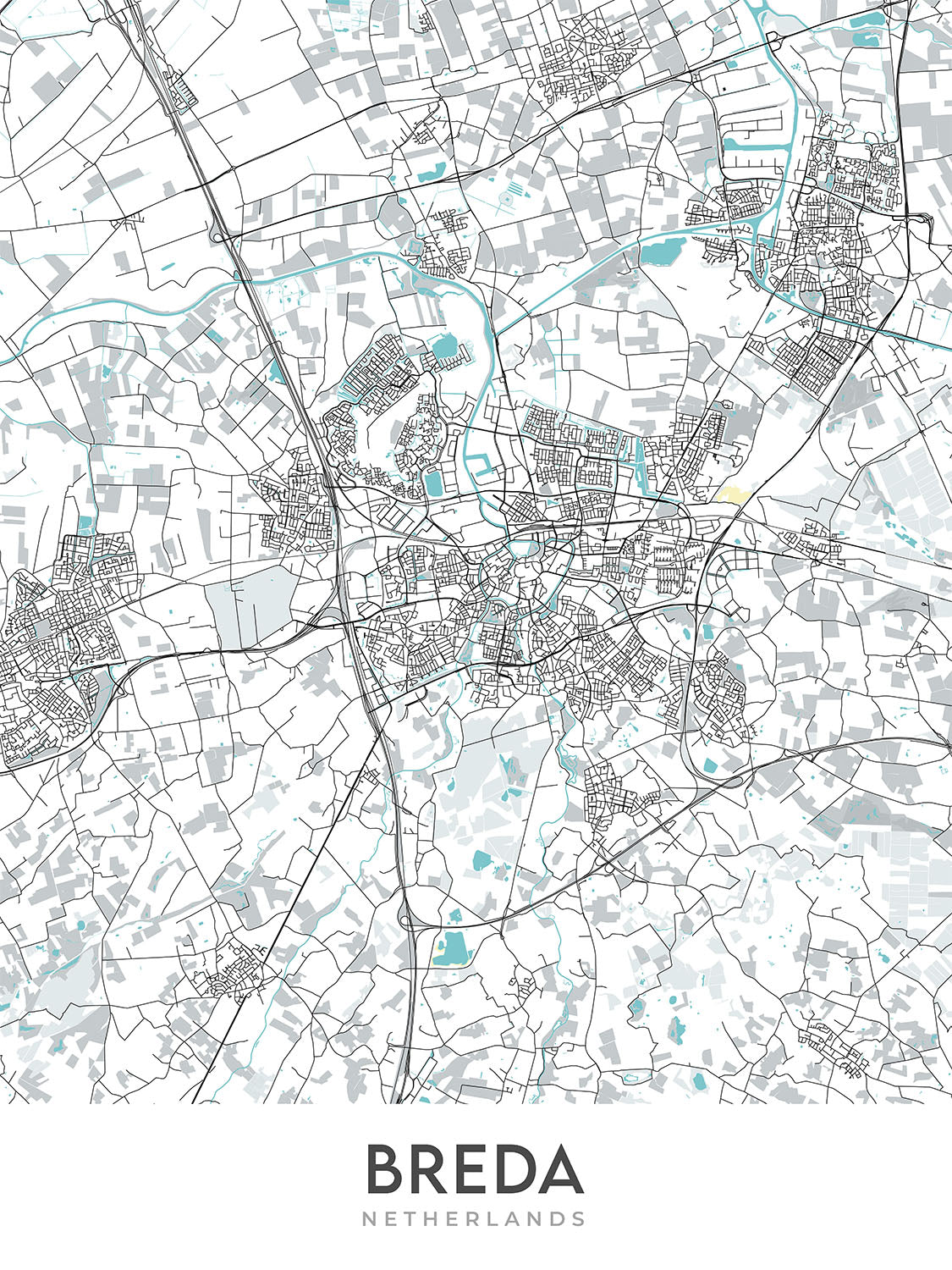 Modern City Map of Breda, Netherlands: Grote Kerk, Kasteel van Breda, Stedelijk Museum Breda, A16, A27