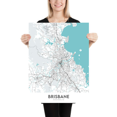 Mapa moderno de la ciudad de Brisbane, Australia: Ayuntamiento, Story Bridge, South Bank, UQ, aeropuerto