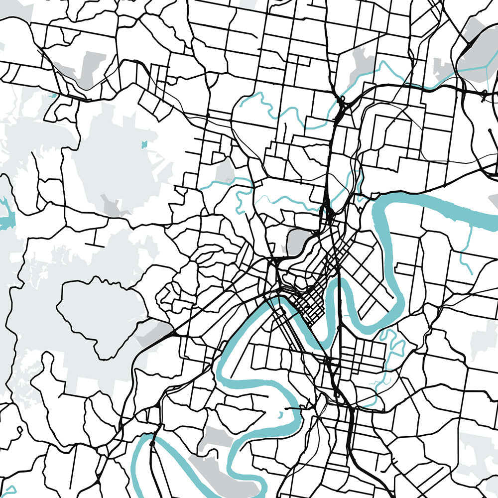 Mapa moderno de la ciudad de Brisbane, Australia: Ayuntamiento, Story Bridge, South Bank, UQ, aeropuerto