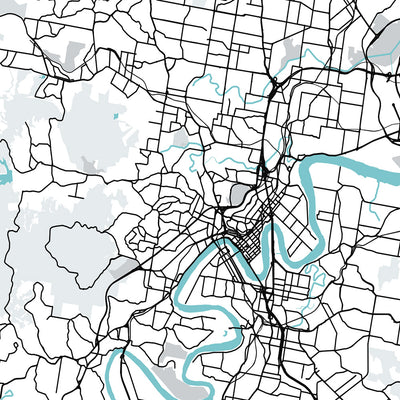 Mapa moderno de la ciudad de Brisbane, Australia: Ayuntamiento, Story Bridge, South Bank, UQ, aeropuerto
