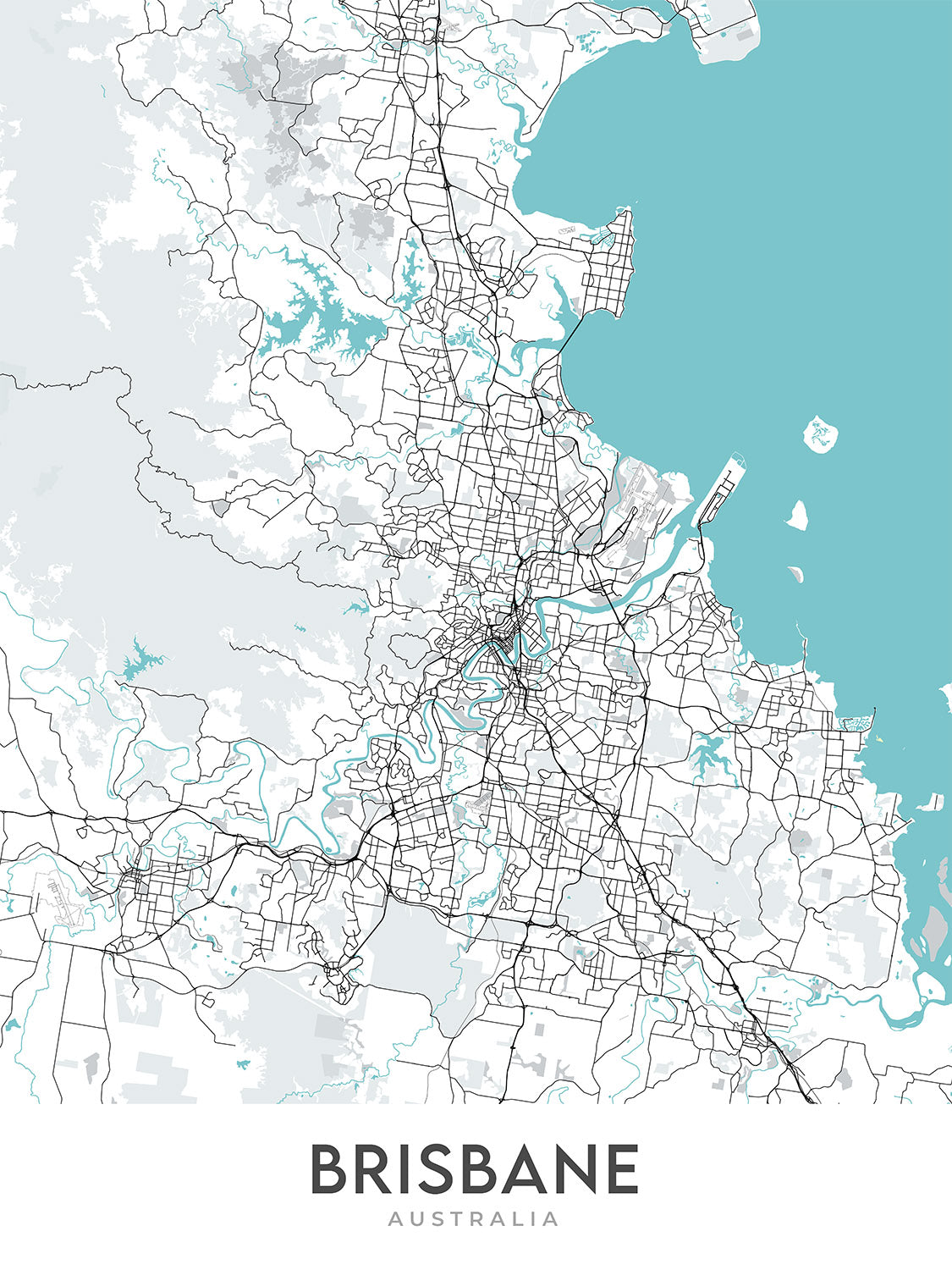 Mapa moderno de la ciudad de Brisbane, Australia: Ayuntamiento, Story Bridge, South Bank, UQ, aeropuerto