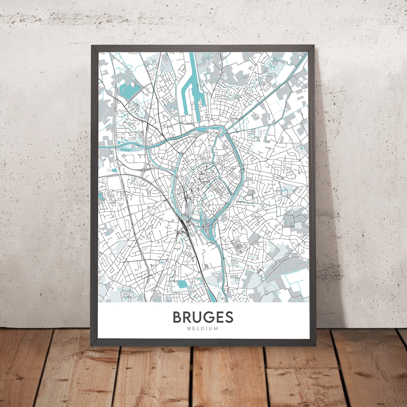 Mapa moderno de la ciudad de Brujas, Bélgica: campanario, basílica, mercado, Minnewater, Groeningemuseum