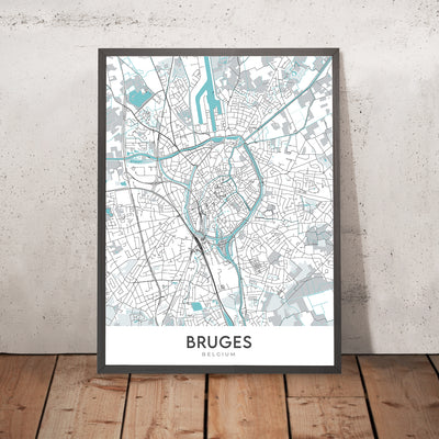 Mapa moderno de la ciudad de Brujas, Bélgica: campanario, basílica, mercado, Minnewater, Groeningemuseum