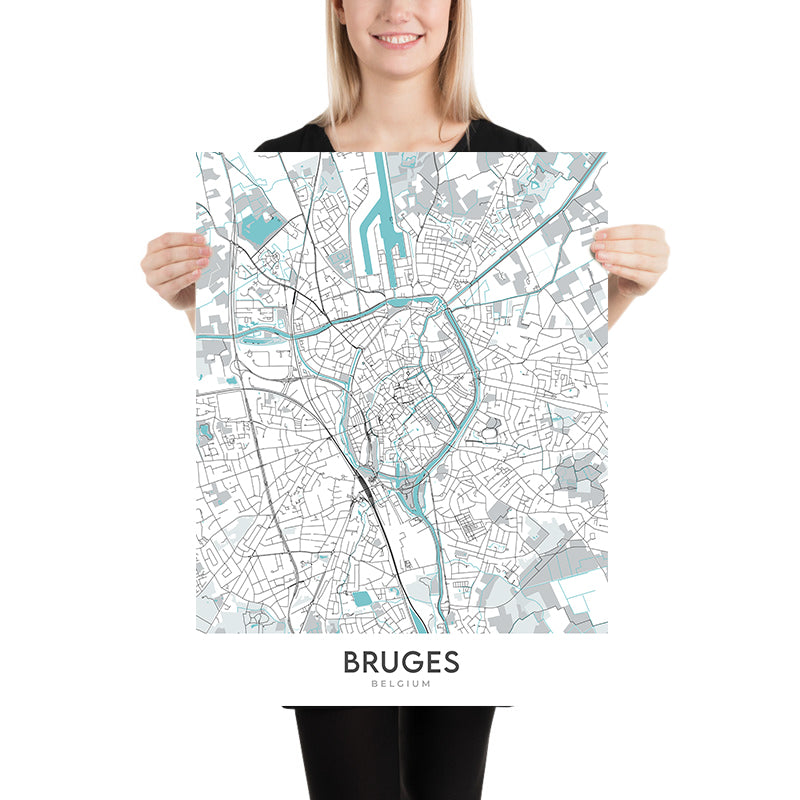 Mapa moderno de la ciudad de Brujas, Bélgica: campanario, basílica, mercado, Minnewater, Groeningemuseum