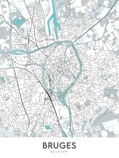 Mapa moderno de la ciudad de Brujas, Bélgica: campanario, basílica, mercado, Minnewater, Groeningemuseum