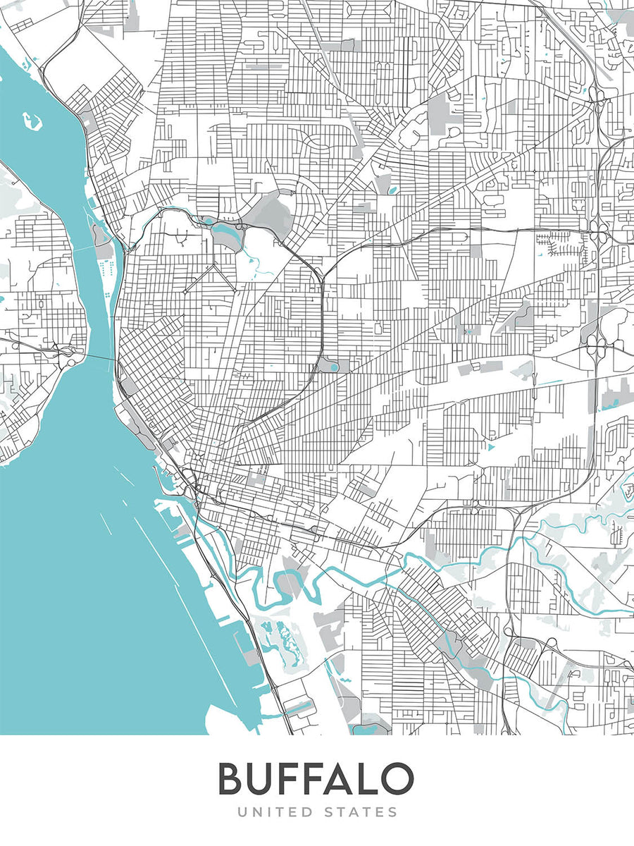 Mappa della città moderna di Buffalo, NY: Allentown, Delaware Park, Elmwood Village, First Niagara Center, Università di Buffalo 