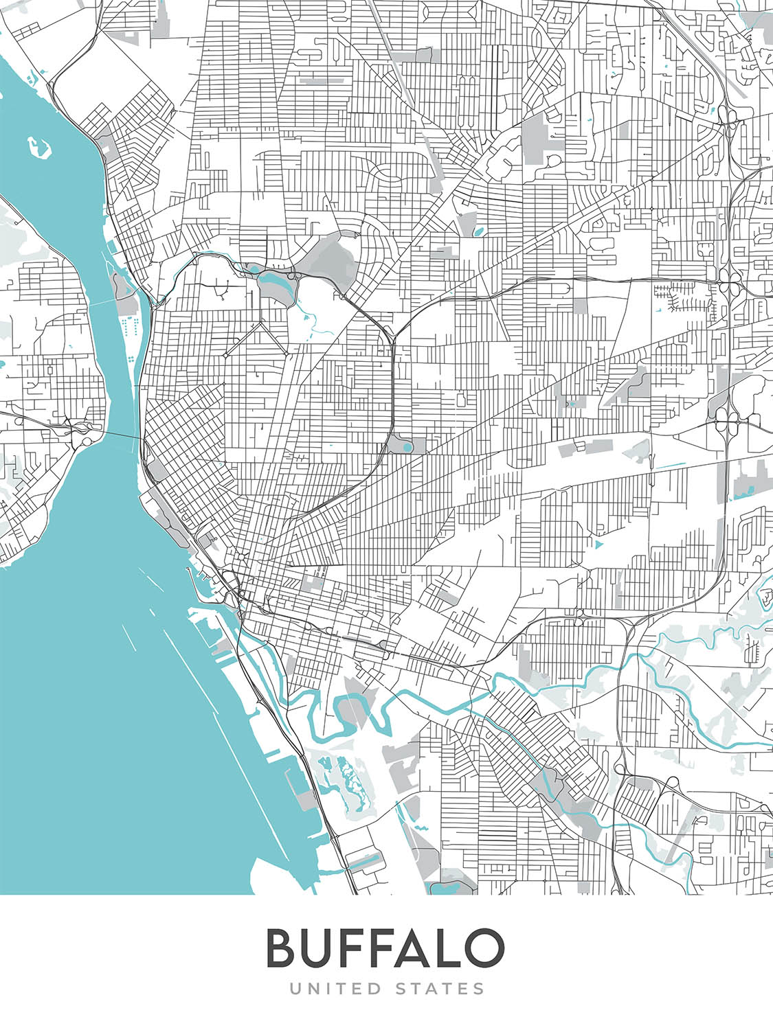 Moderne Stadtkarte von Buffalo, NY: Allentown, Delaware Park, Elmwood Village, First Niagara Center, Universität von Buffalo 
