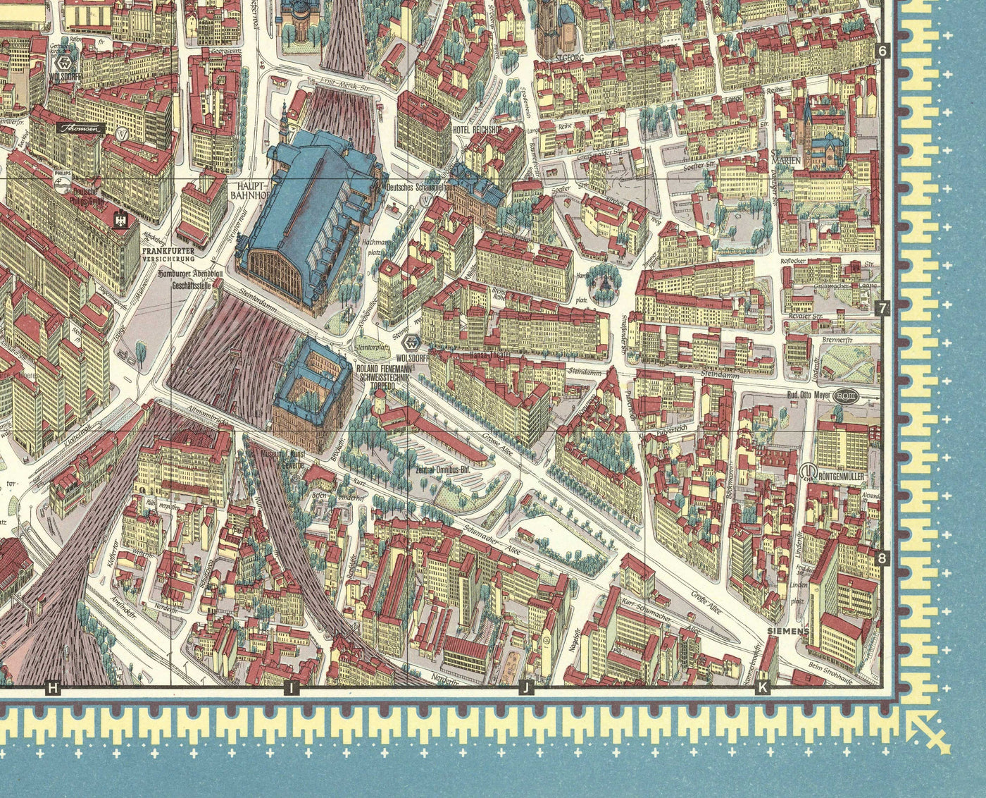 Mapa antiguo de Hamburgo en 1964 por Hermann Bollman - Binnenalster, Alster Lakes, Heiligengeistfeld, Planten un Blomen, Central Station