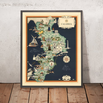 Ancienne carte picturale de la Calabre par De Agostini, 1938 : Cosenza, Catanzaro, Reggio de Calabre, Parc national du Pollino, Parc national de la Sila 