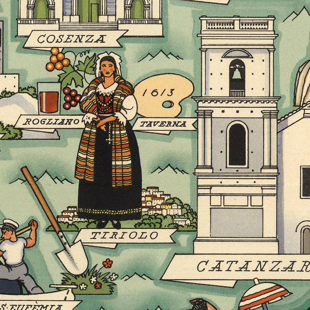 Antigua Mapa Pictórico de Calabria por De Agostini, 1938: Cosenza, Catanzaro, Reggio di Calabria, Parque Nacional Pollino, Parque Nacional Sila 