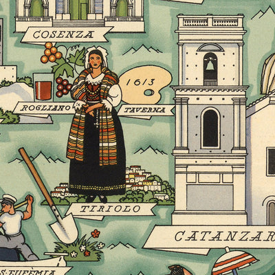 Antigua Mapa Pictórico de Calabria por De Agostini, 1938: Cosenza, Catanzaro, Reggio di Calabria, Parque Nacional Pollino, Parque Nacional Sila 