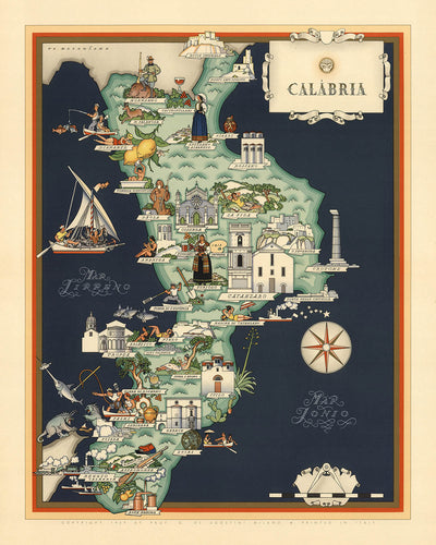 Antigua Mapa Pictórico de Calabria por De Agostini, 1938: Cosenza, Catanzaro, Reggio di Calabria, Parque Nacional Pollino, Parque Nacional Sila 