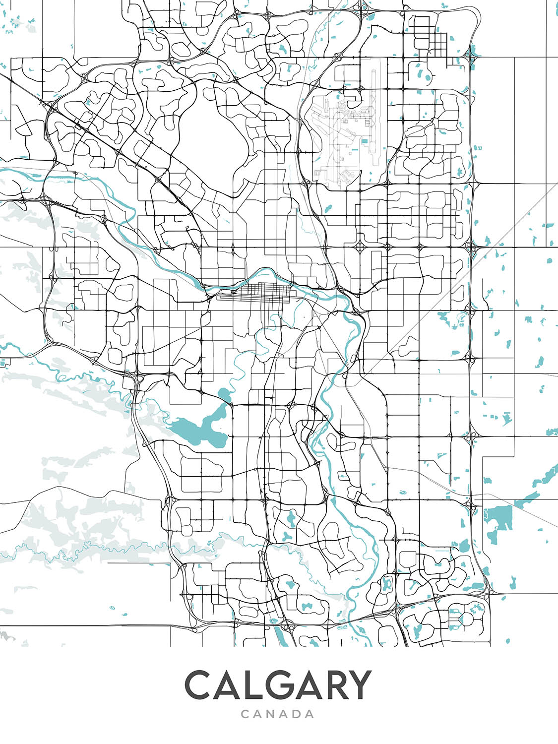 Moderne Stadtkarte von Calgary, AB: Innenstadt, Calgary Tower, Prinz-Insel-Park, Crowchild Trail, Glenmore Trail 